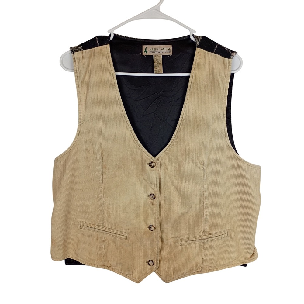 Vtg Marsh Landing Tan Corduroy Plaid Back Wool Blend Vest Large Tan Black Cream